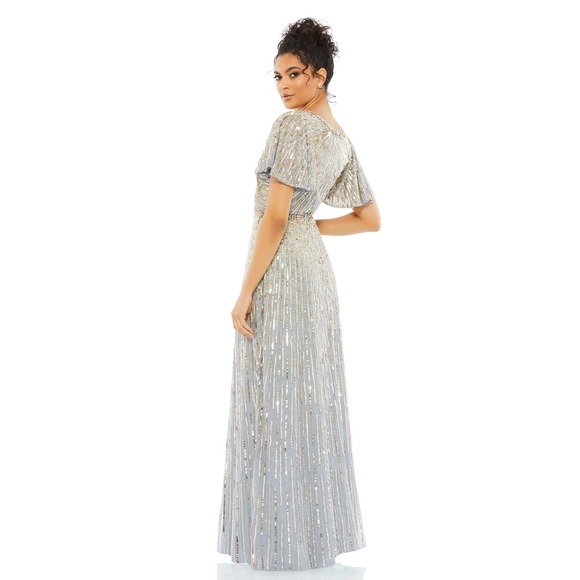 Mac Duggal Embellished V Neck Butterfly Sleeve Column Gown Platinum Size 18 NWT - Picture 3 of 12